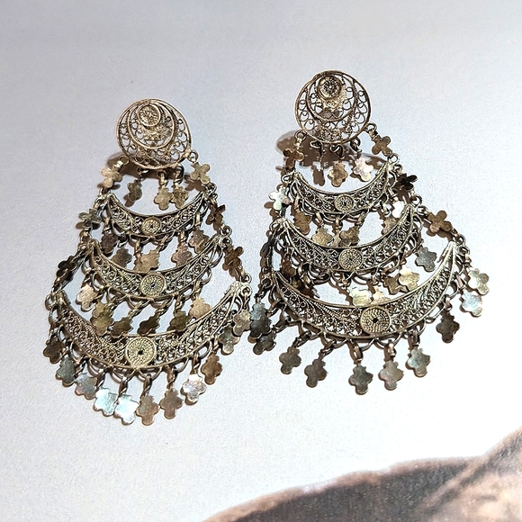 Antique Crosses and Cannetille Work  Long Earrings - Picture 2 of 6